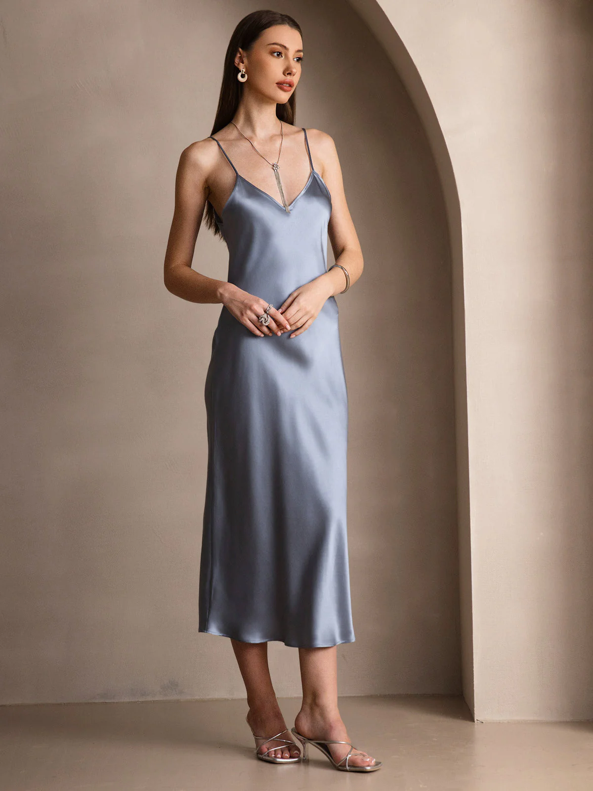 Pure Silk Spaghetti Strap Midi Dress - Image 11
