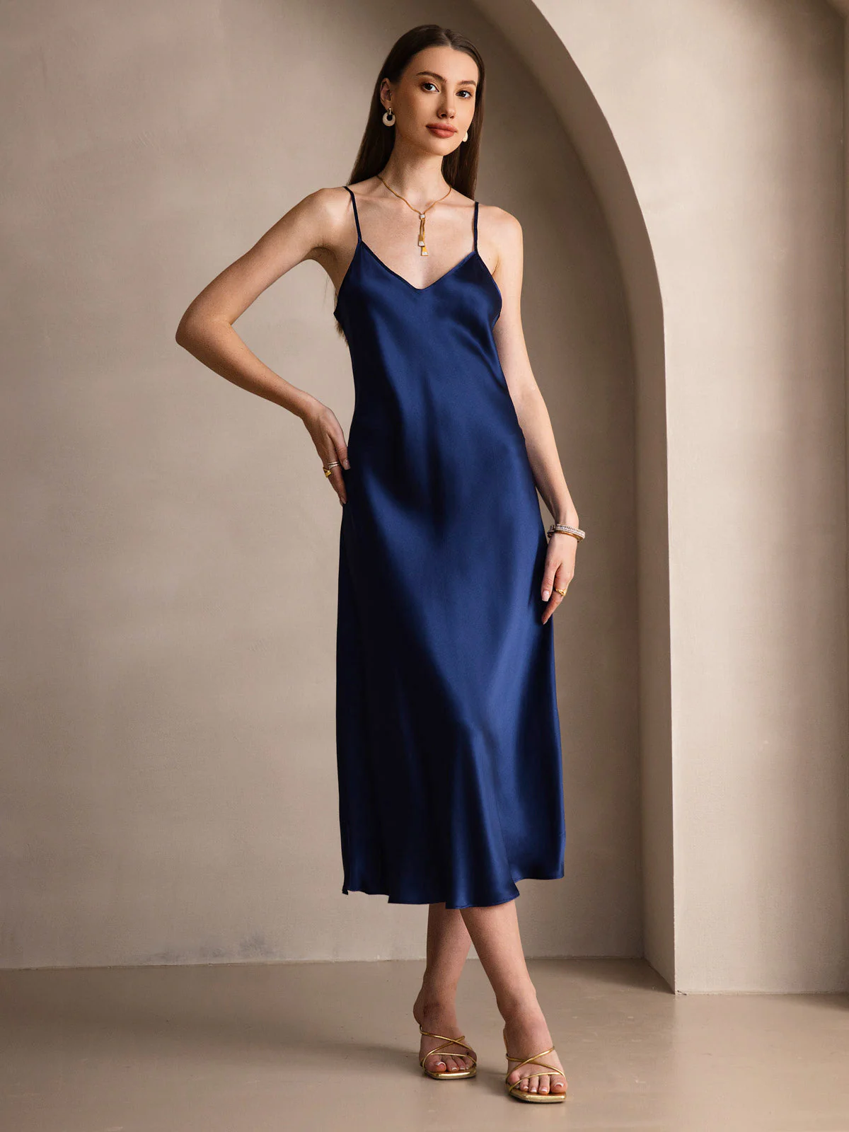 Pure Silk Spaghetti Strap Midi Dress - Image 33