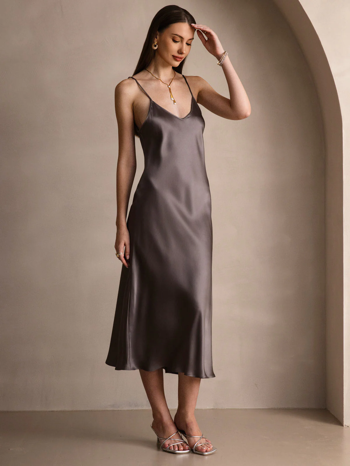 Pure Silk Spaghetti Strap Midi Dress - Image 44