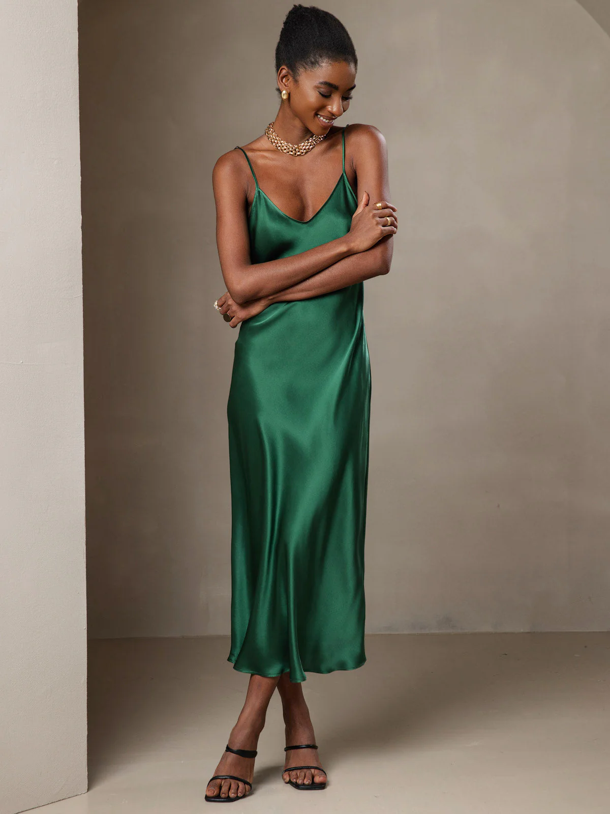 Pure Silk Spaghetti Strap Midi Dress - Image 49