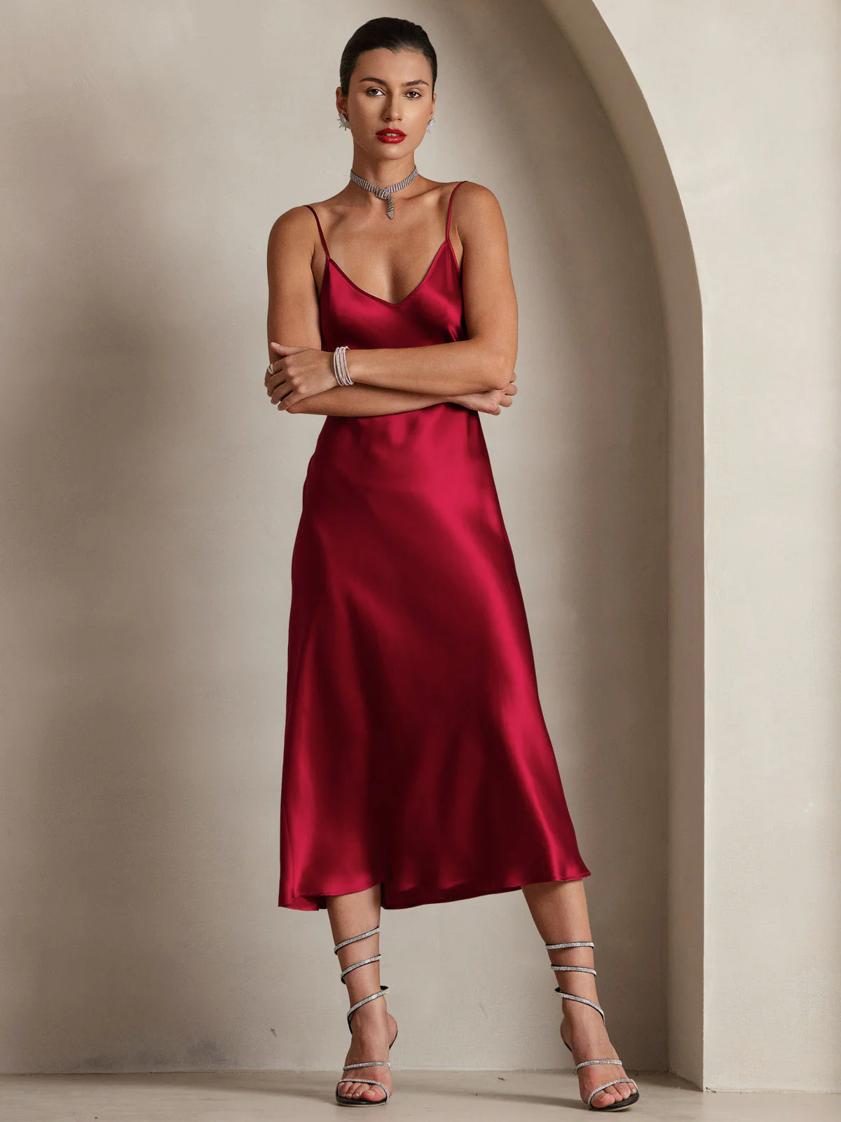Pure Silk Spaghetti Strap V Neck Midi Dress - Image 18