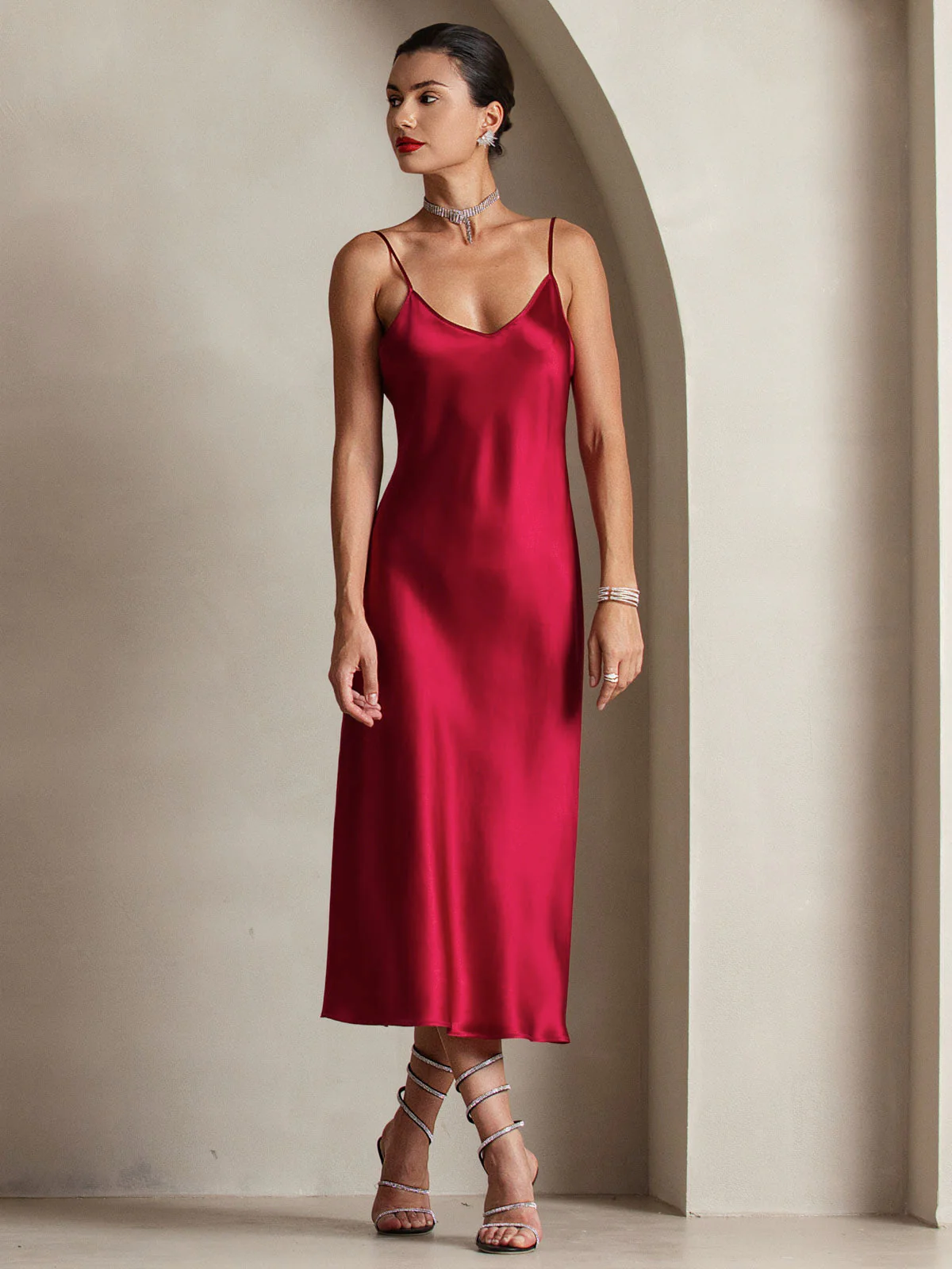 Pure Silk Spaghetti Strap V Neck Midi Dress - Image 19