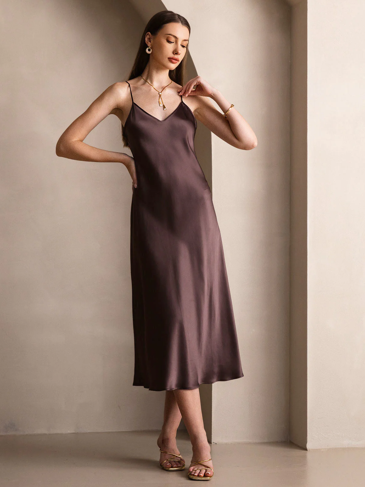 Pure Silk Spaghetti Strap V Neck Midi Dress - Image 26
