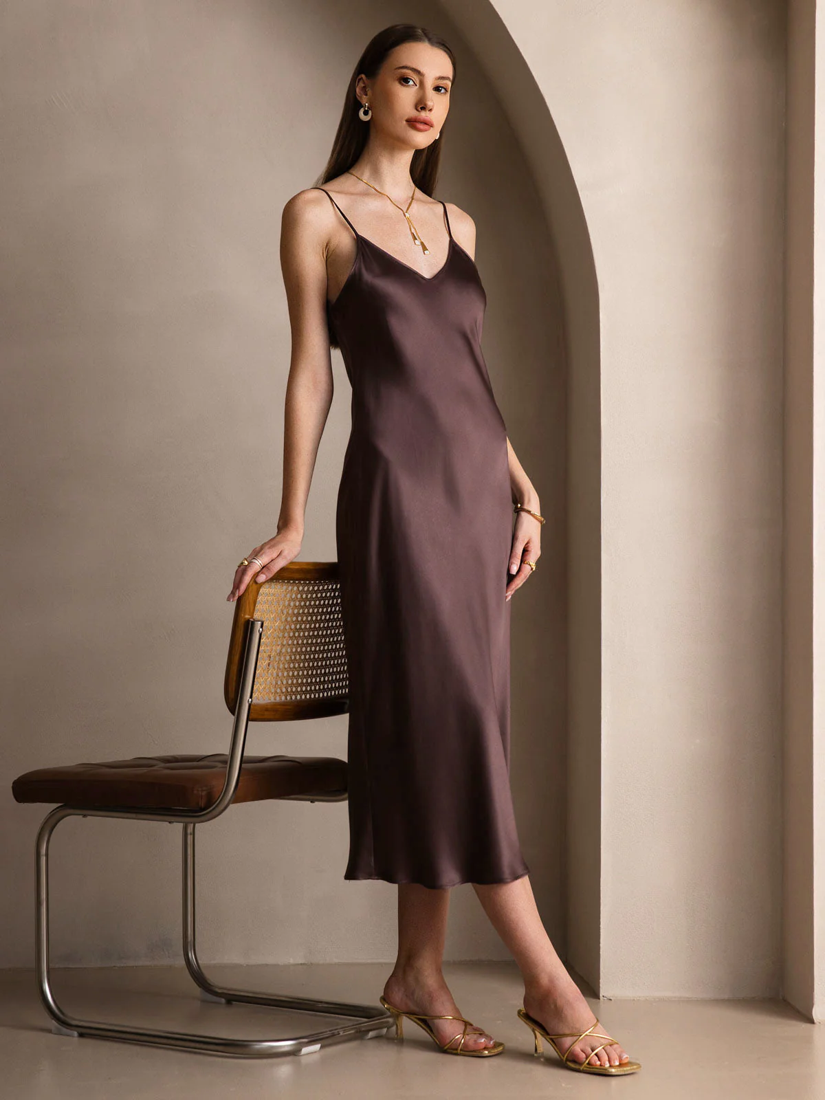 Pure Silk Spaghetti Strap V Neck Midi Dress - Image 27