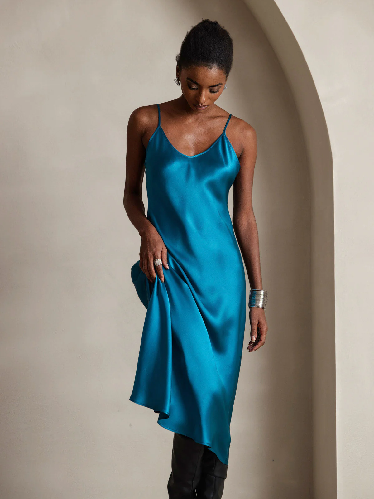 Pure Silk Spaghetti Strap V Neck Midi Dress - Image 31