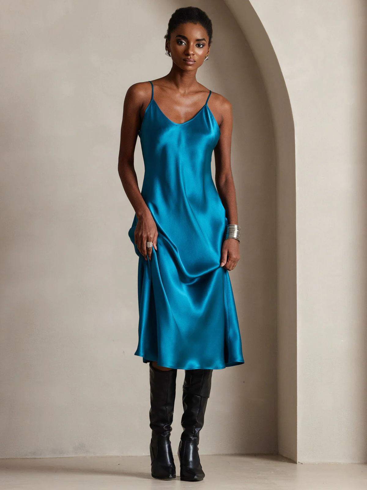Pure Silk Spaghetti Strap V Neck Midi Dress - Image 32