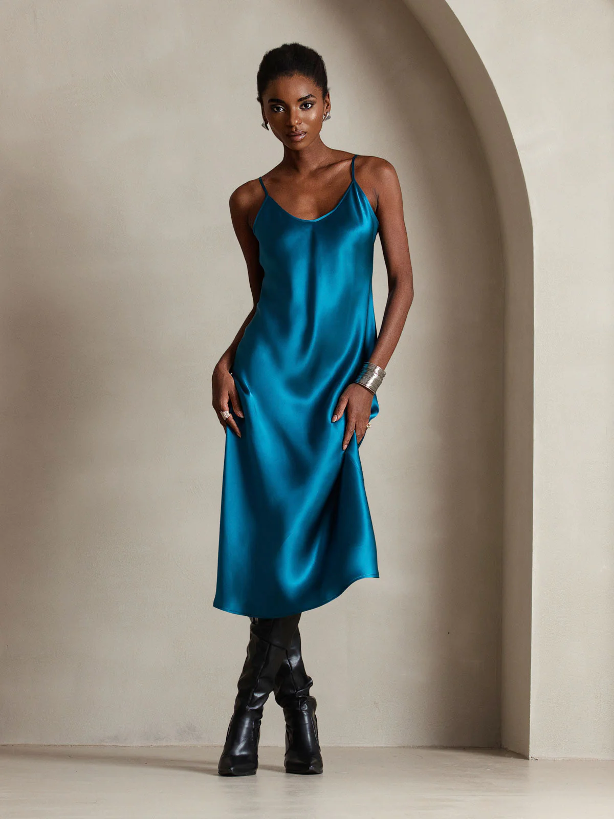 Pure Silk Spaghetti Strap V Neck Midi Dress - Image 34