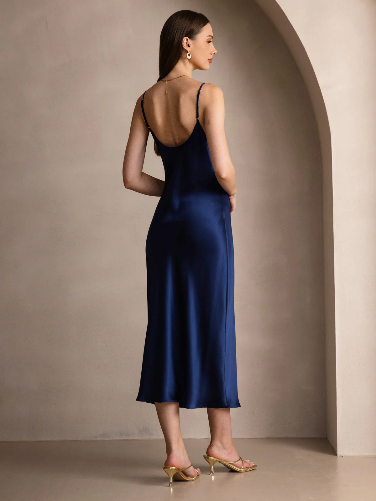 Pure Silk Spaghetti Strap V Neck Midi Dress - Image 36