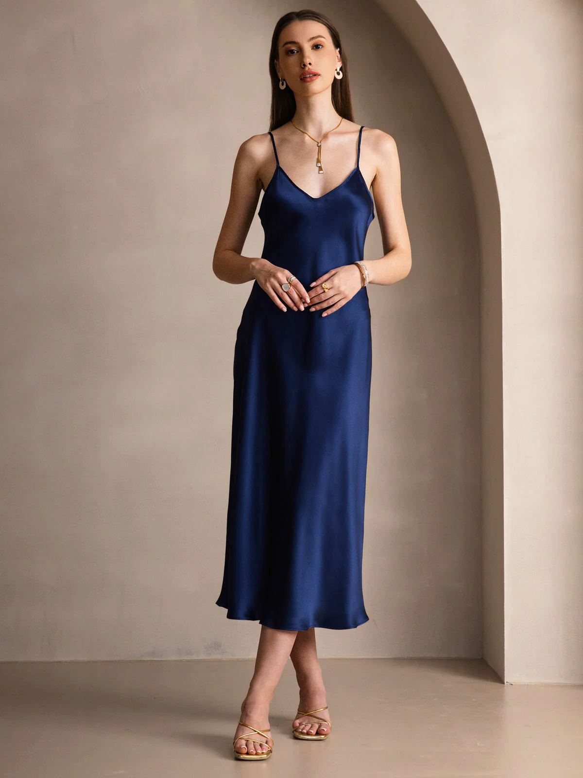 Pure Silk Spaghetti Strap V Neck Midi Dress - Image 37