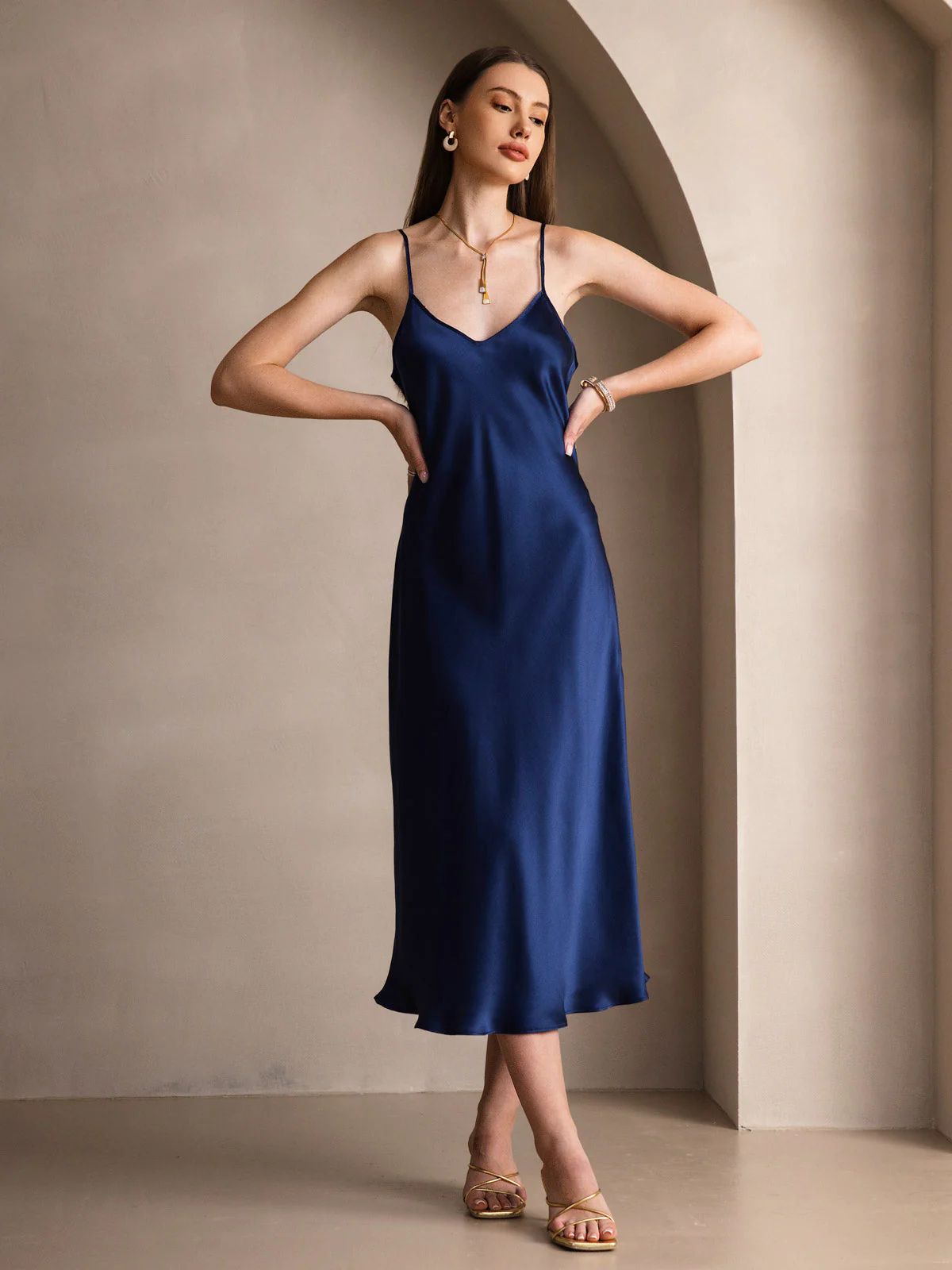 Pure Silk Spaghetti Strap V Neck Midi Dress - Image 38