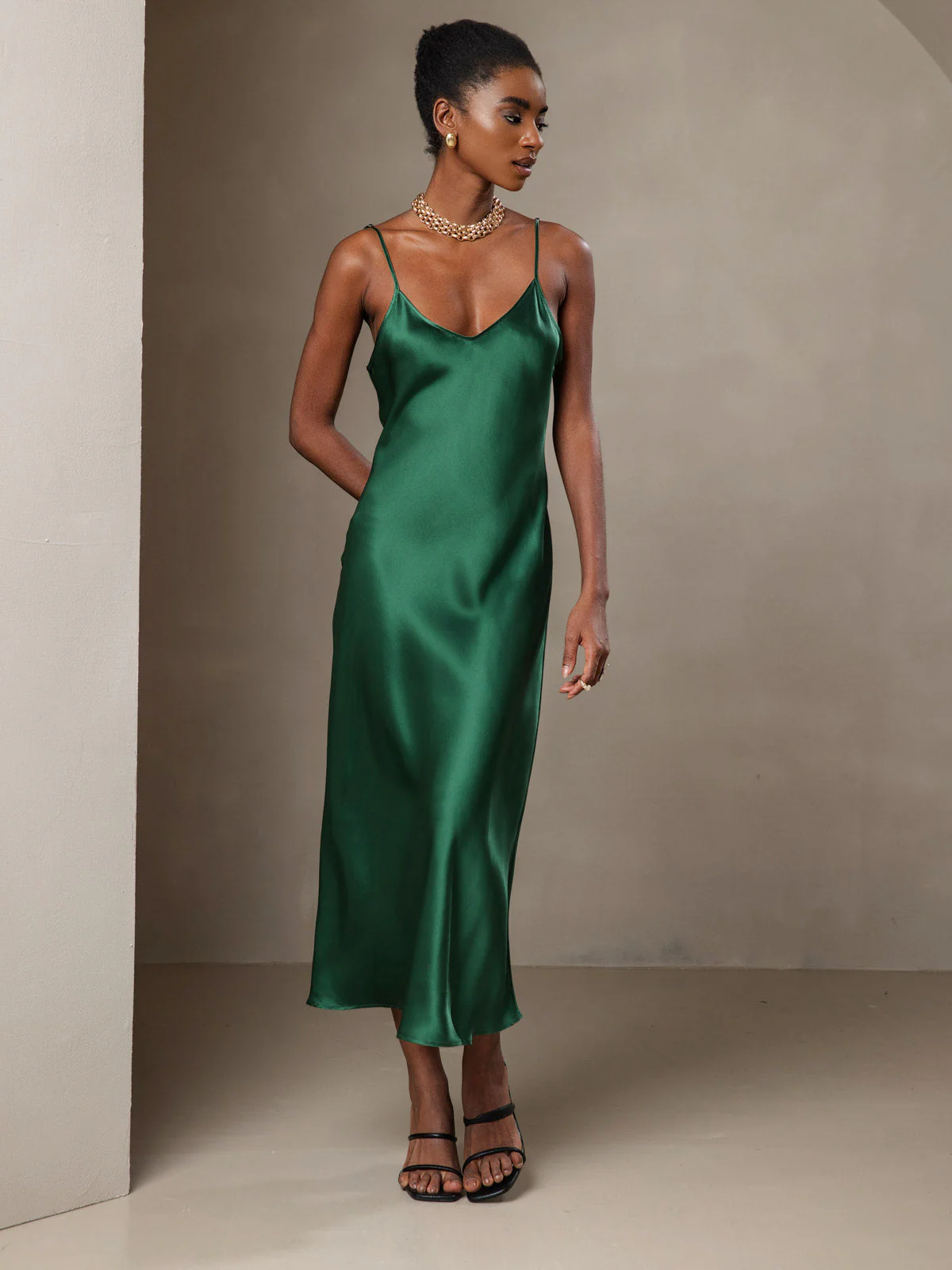 Pure Silk Spaghetti Strap V Neck Midi Dress - Image 50