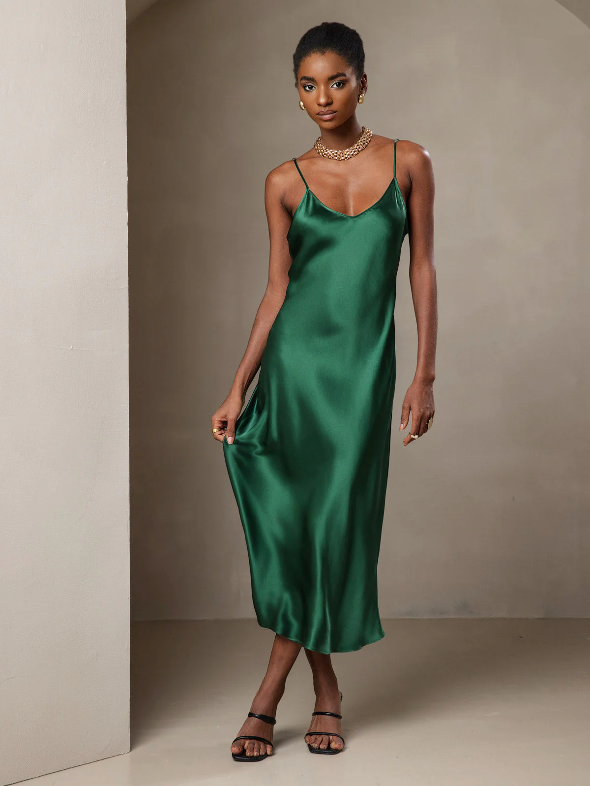 Pure Silk Spaghetti Strap V Neck Midi Dress - Image 51