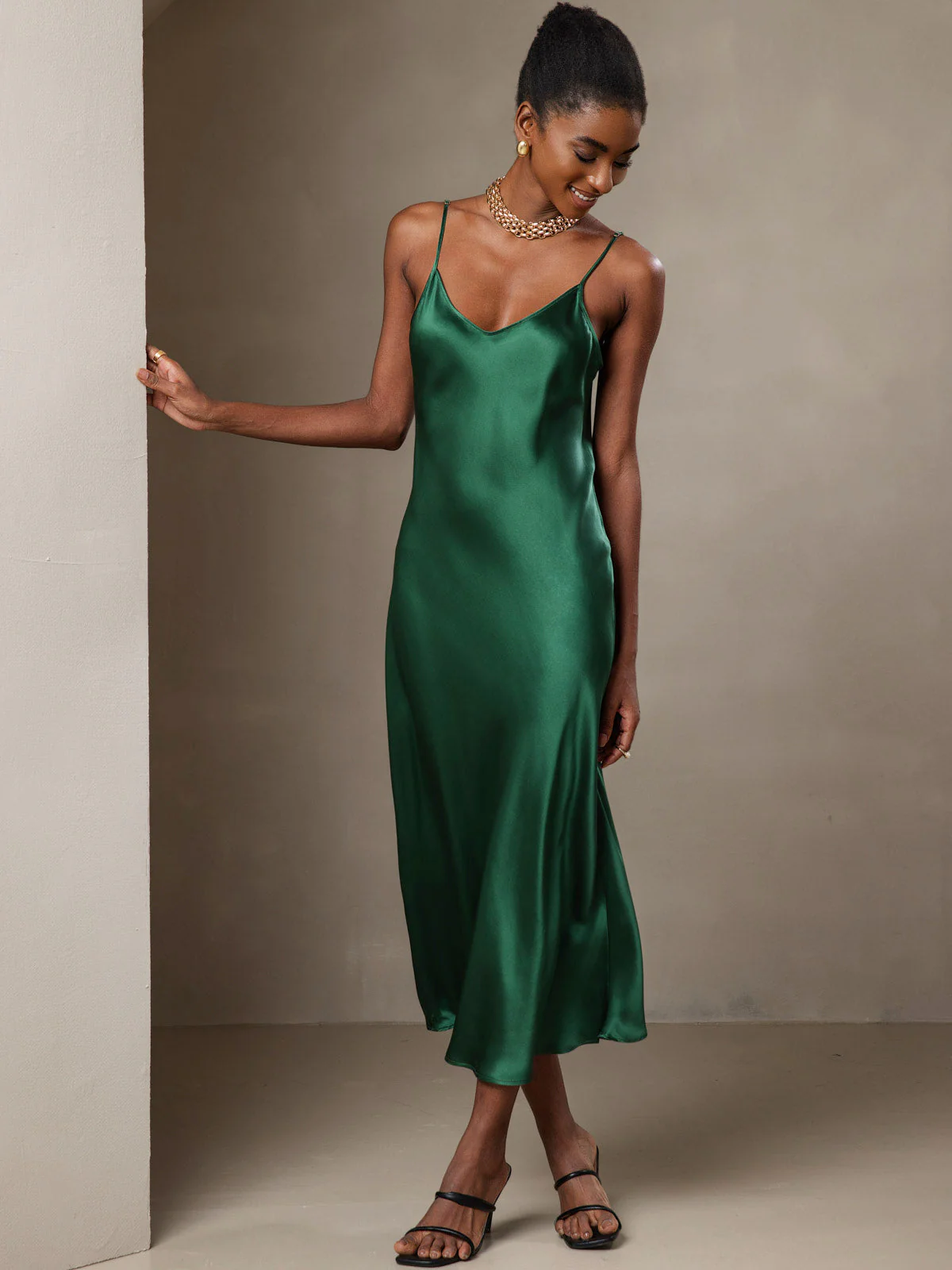 Pure Silk Spaghetti Strap V Neck Midi Dress - Image 52