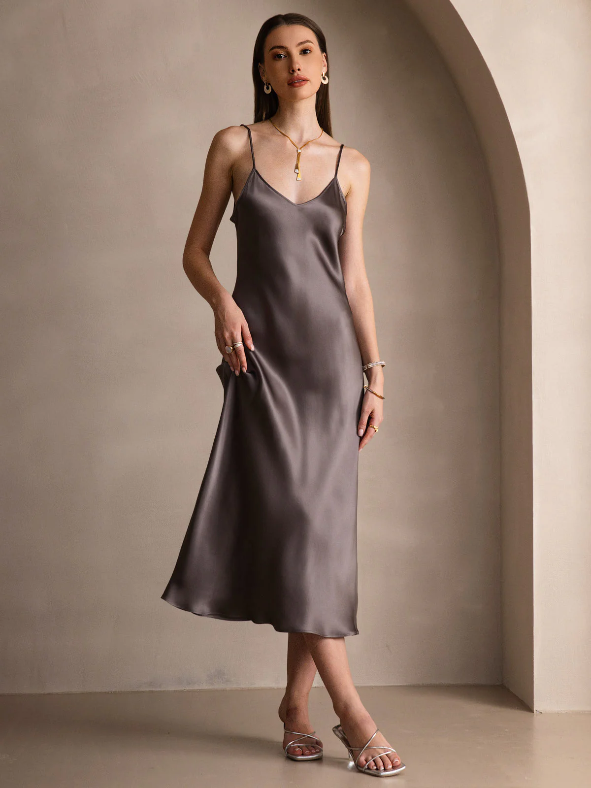 Pure Silk Spaghetti Strap V Neck Midi Dress - Image 72