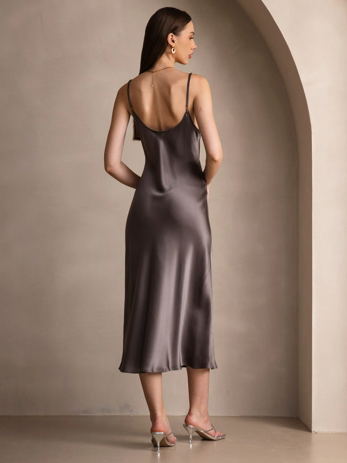 Pure Silk Spaghetti Strap V Neck Midi Dress - Image 73
