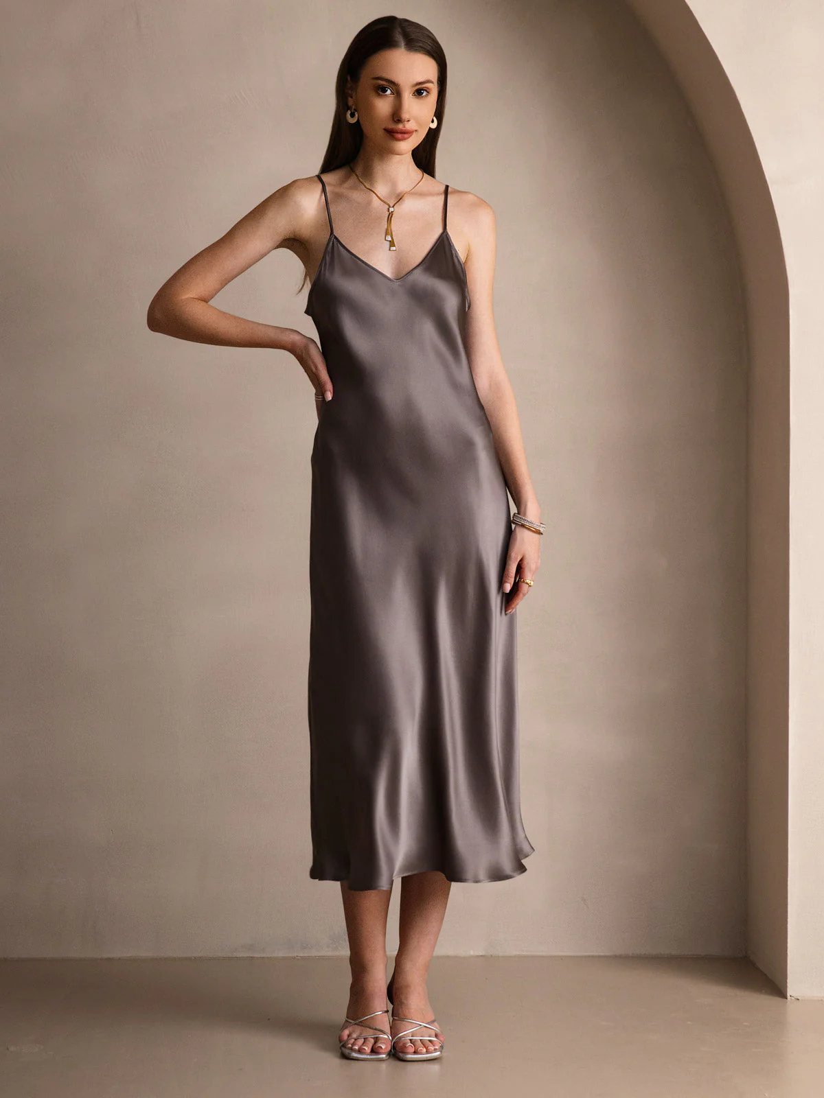 Pure Silk Spaghetti Strap V Neck Midi Dress - Image 74
