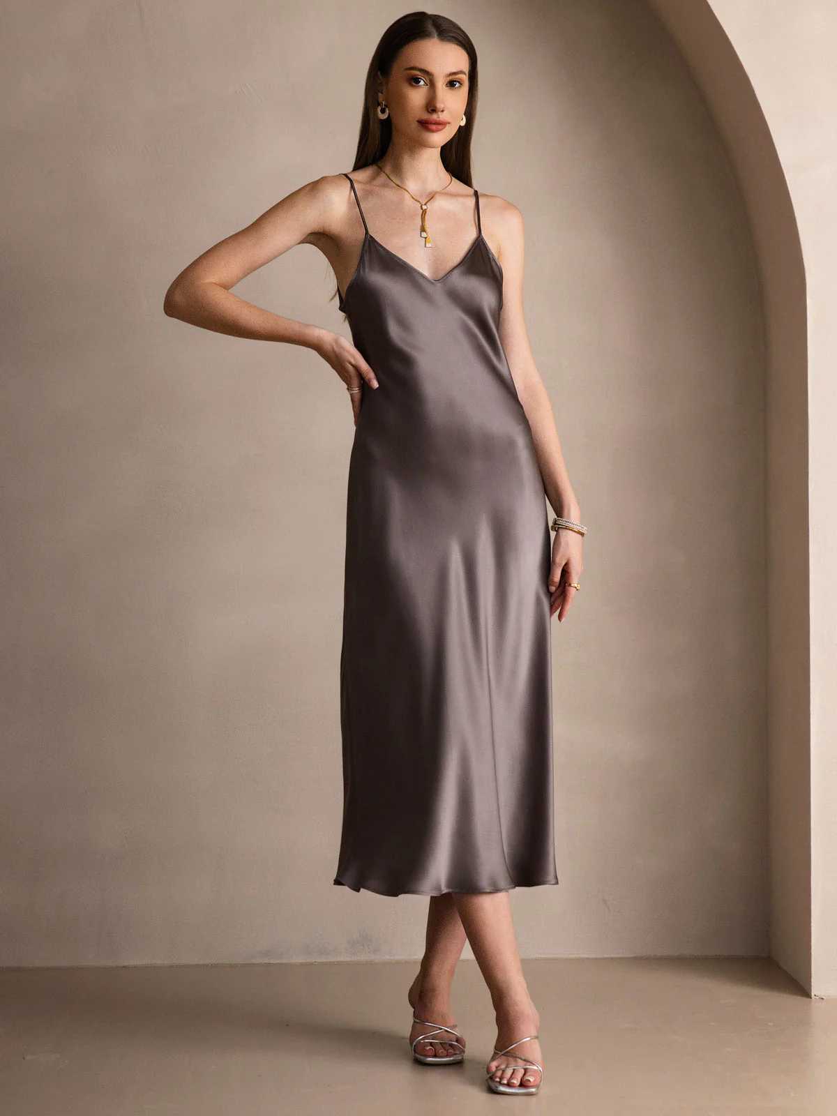 Pure Silk Spaghetti Strap V Neck Midi Dress - Image 76
