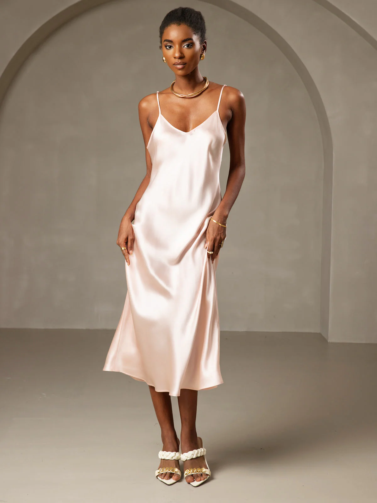 Pure Silk Spaghetti Strap V Neck Midi Dress - Image 78