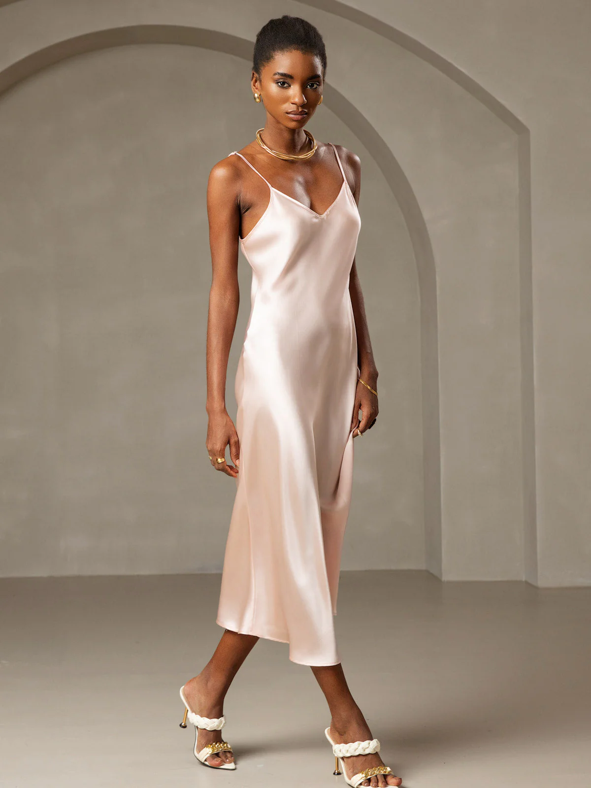 Pure Silk Spaghetti Strap V Neck Midi Dress - Image 80