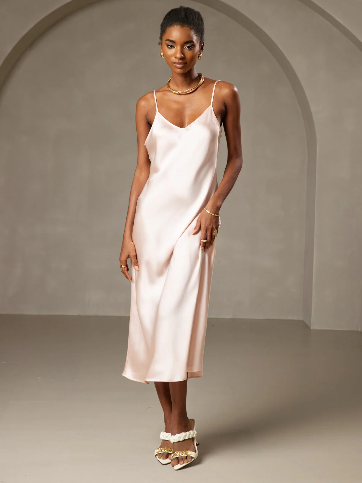 Pure Silk Spaghetti Strap V Neck Midi Dress - Image 81