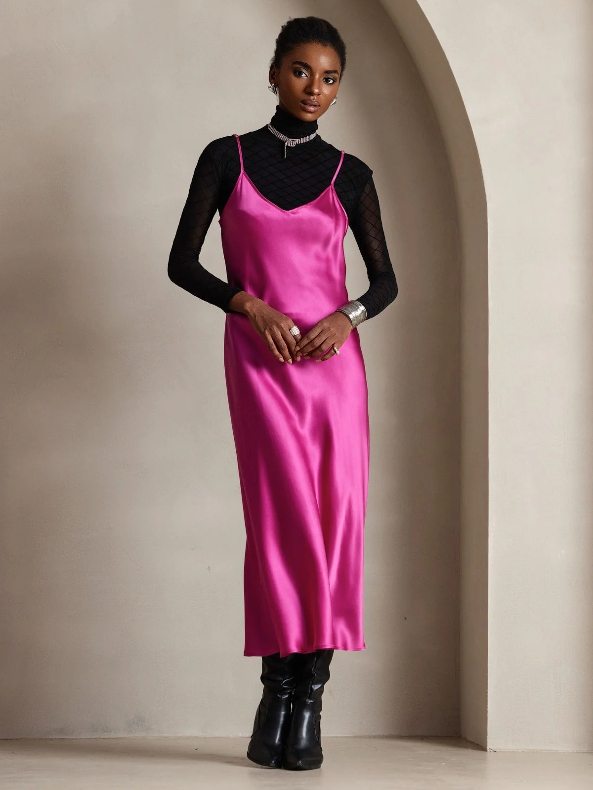 Pure Silk Spaghetti Strap V Neck Midi Dress - Image 83