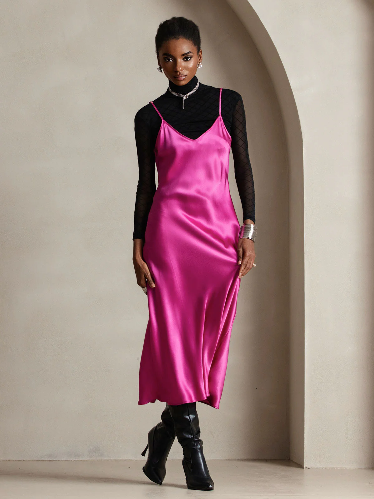 Pure Silk Spaghetti Strap V Neck Midi Dress - Image 88