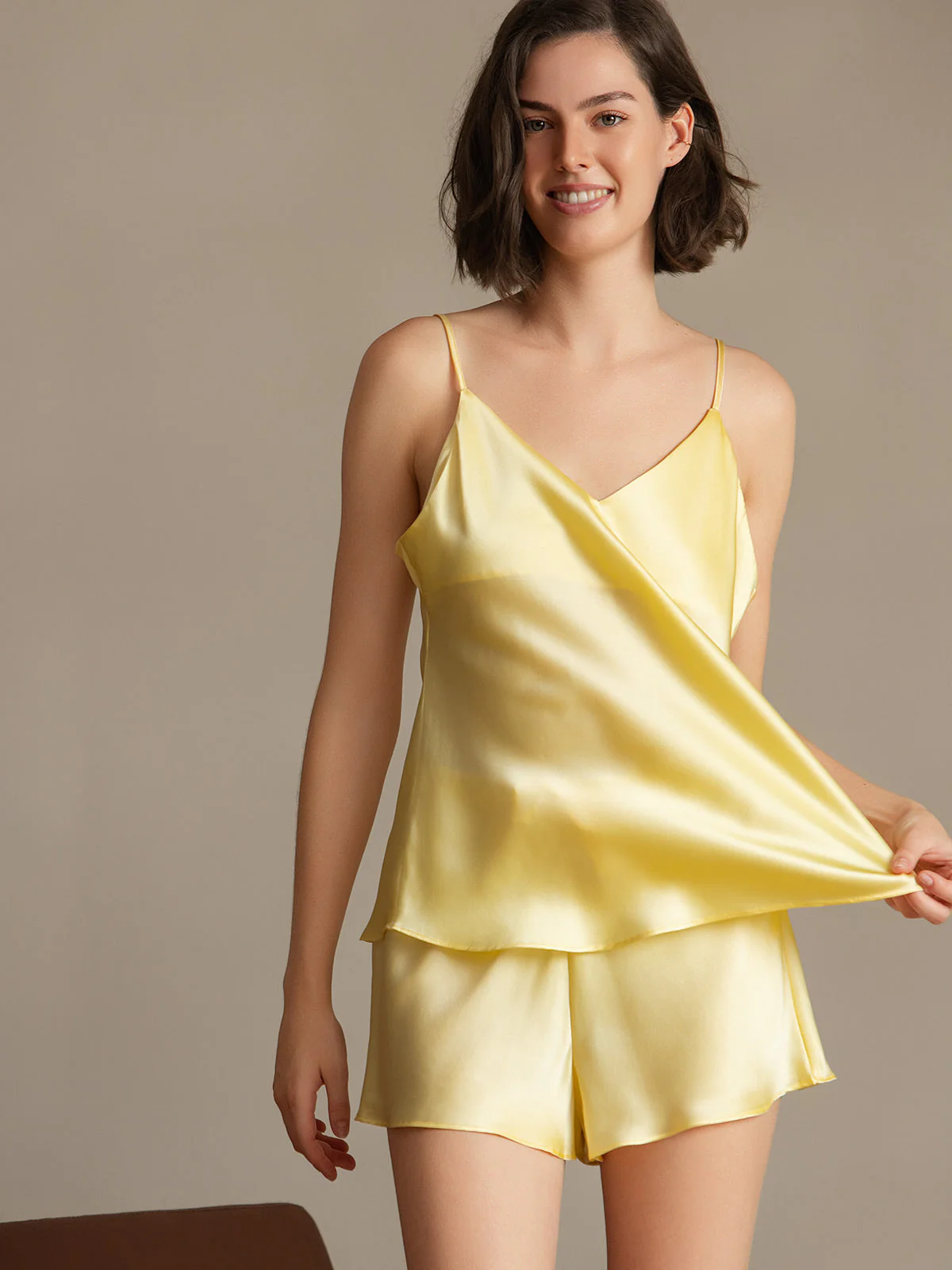 Pure Silk Spaghetti Strap V Neck Above the Knee Camisole Set - Image 118