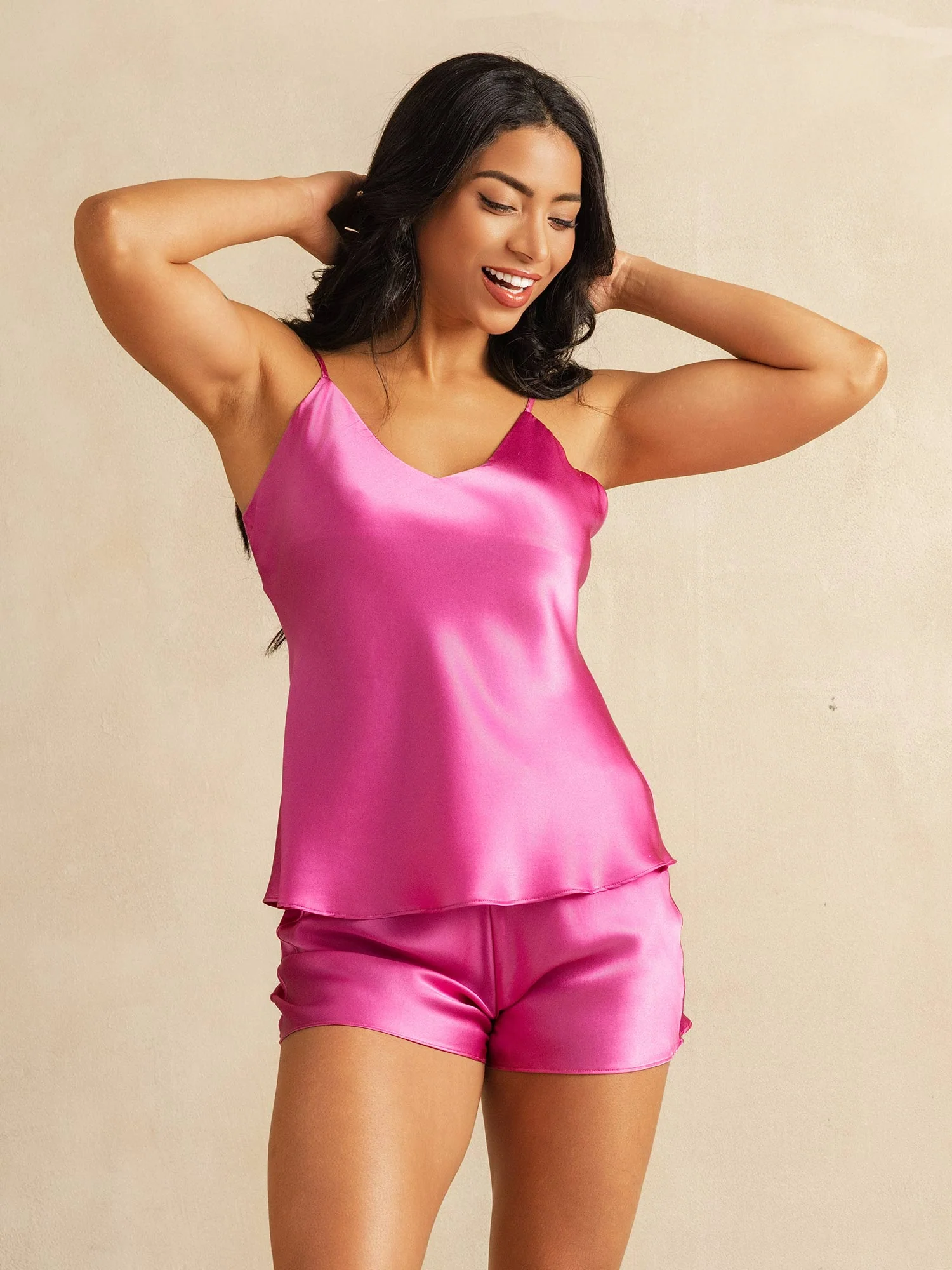 Pure Silk Spaghetti Strap V Neck Above the Knee Camisole Set - Image 90
