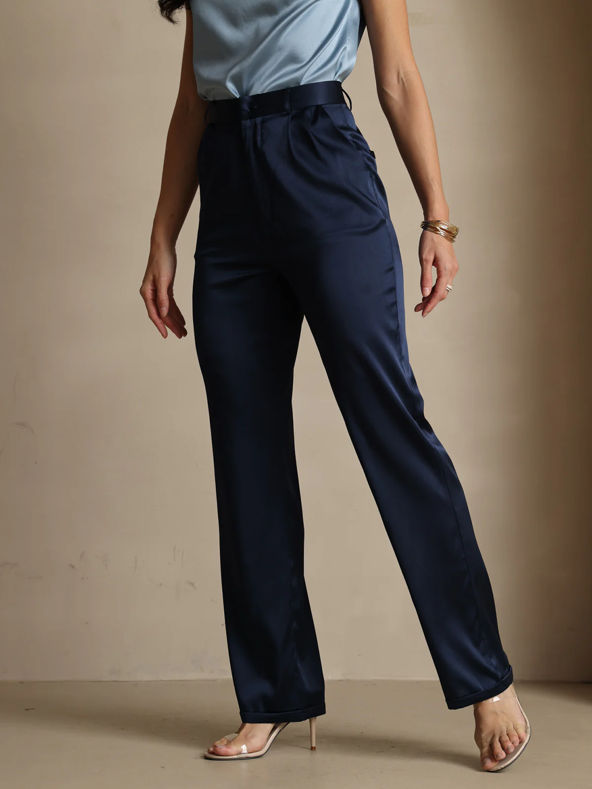 19Momme Silk High Waist Straight Fit Women's Pants with Zipper Side Pockets Design - Image 11