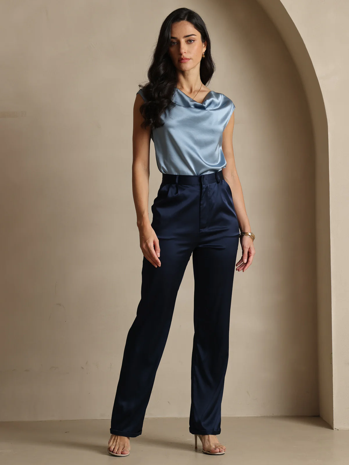 19Momme Silk High Waist Straight Fit Women's Pants with Zipper Side Pockets Design - Image 13