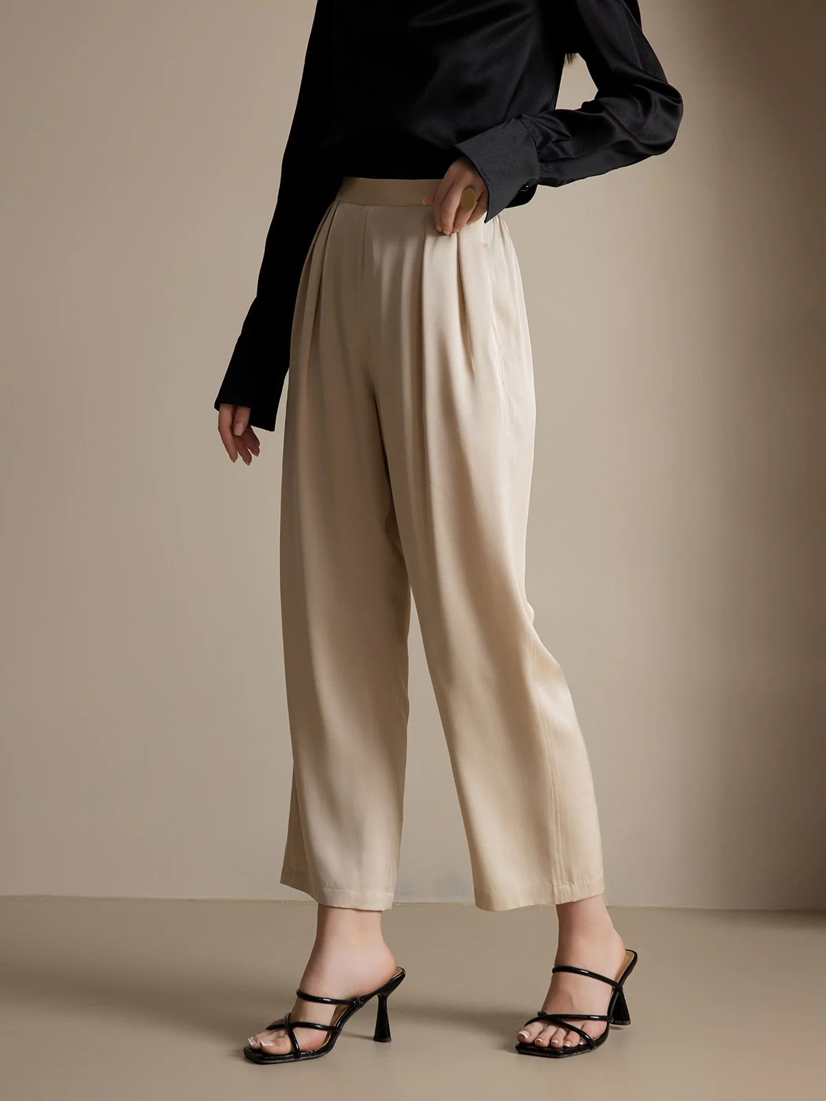 Clearance(US Warehouse) - Women's 22Momme Silk High Waist Wide Leg Tapered Pleated Cropped Pants - Image 3