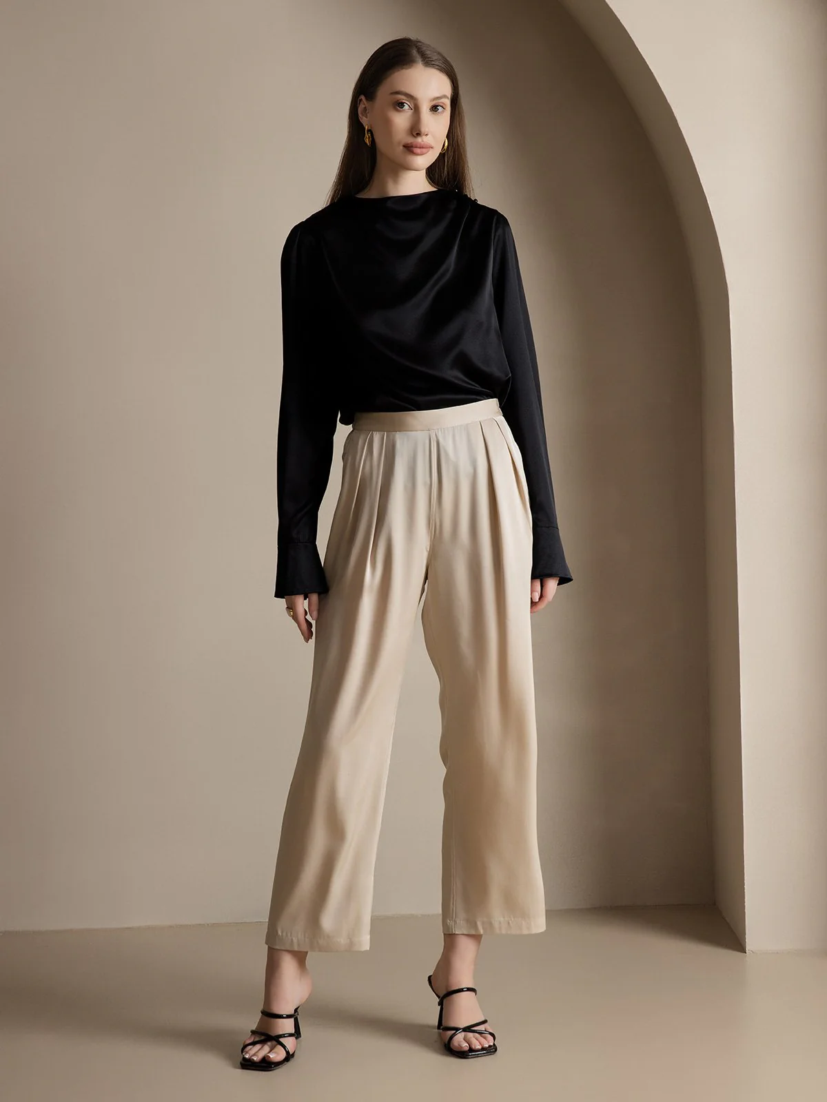 Clearance(US Warehouse) - Women's 22Momme Silk High Waist Wide Leg Tapered Pleated Cropped Pants - Image 5