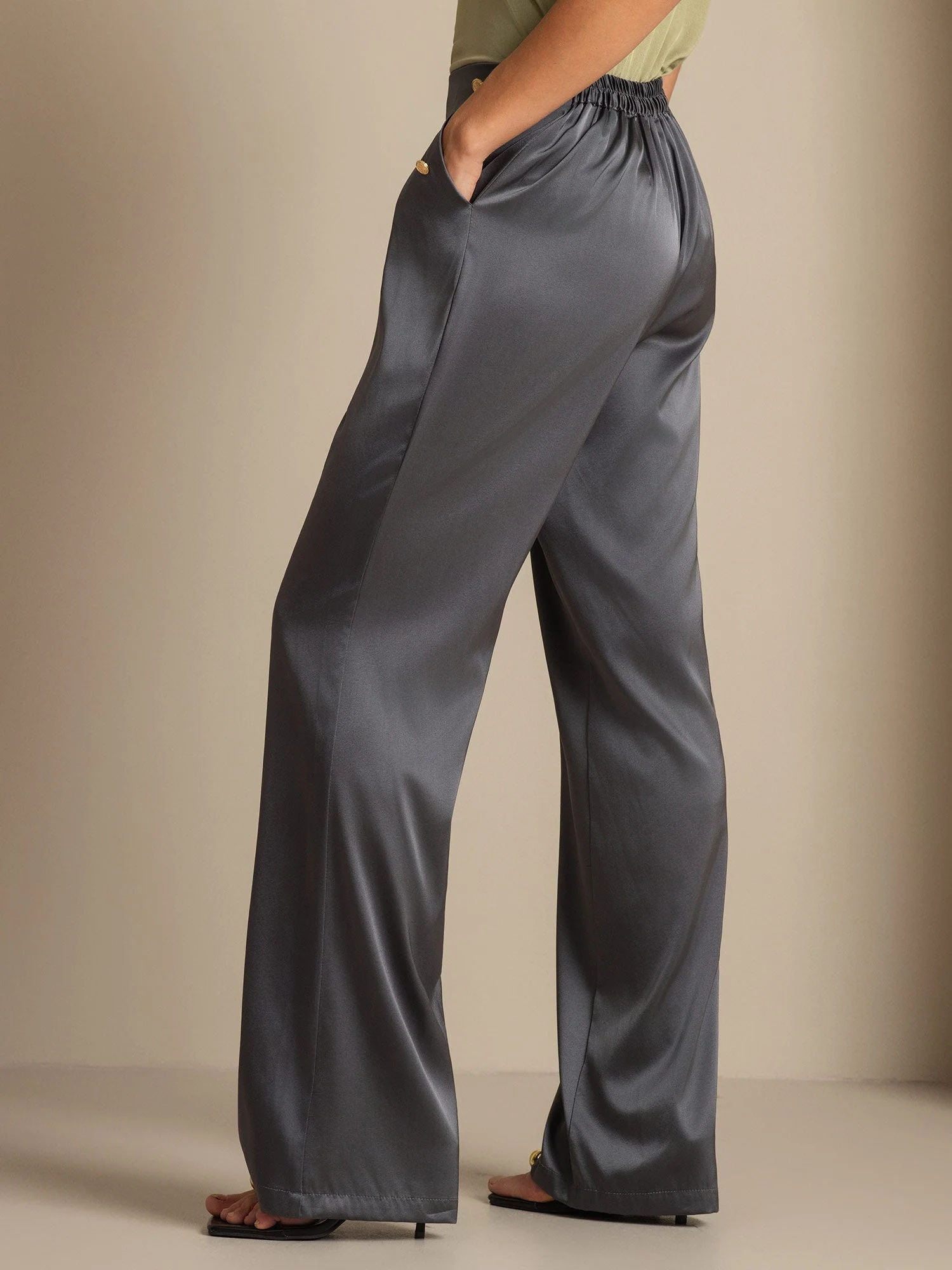 19Momme Silk High Waist Straight Fit Women's Pants with Back Elastic Waist Design - Image 11