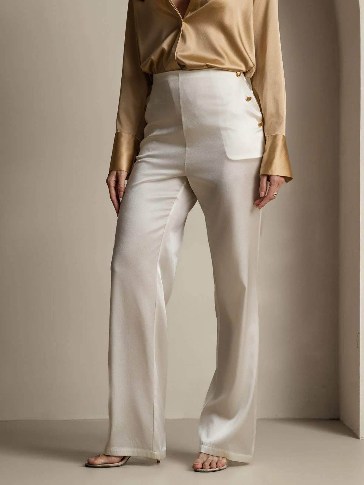 19Momme Silk High Waist Straight Fit Women's Pants with Back Elastic Waist Design - Image 28