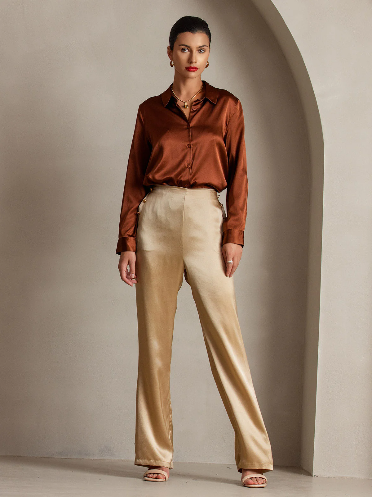 19Momme Silk High Waist Straight Fit Women's Pants with Back Elastic Waist Design - Image 41