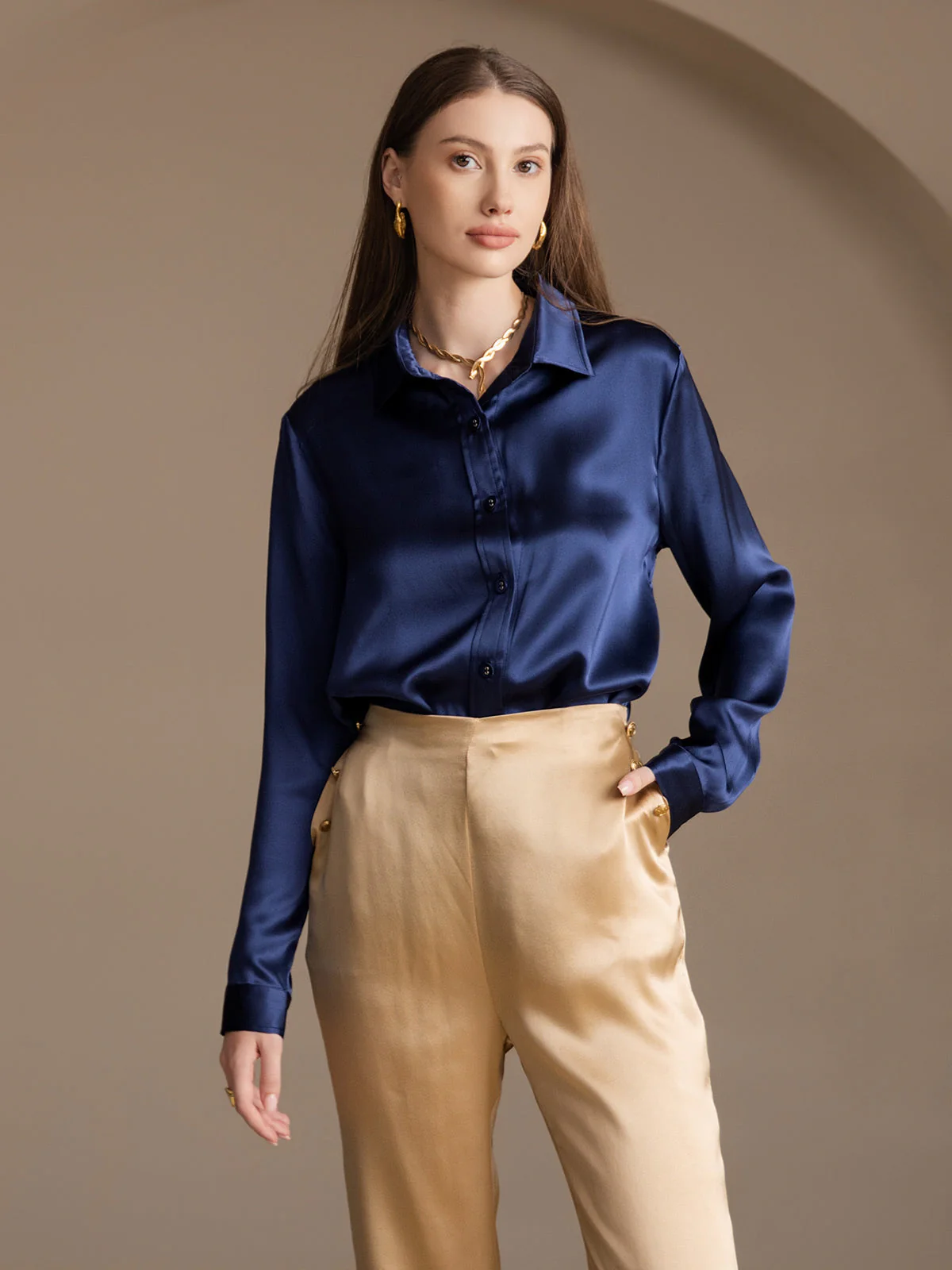 19Momme Silk High Waist Straight Fit Women's Pants with Back Elastic Waist Design - Image 43