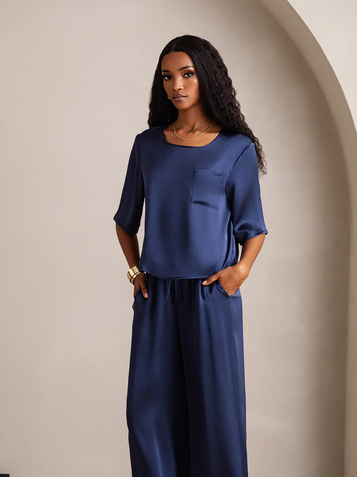 Women's Pure Silk Half Sleeve Round Neck Pajamas Set - Image 29