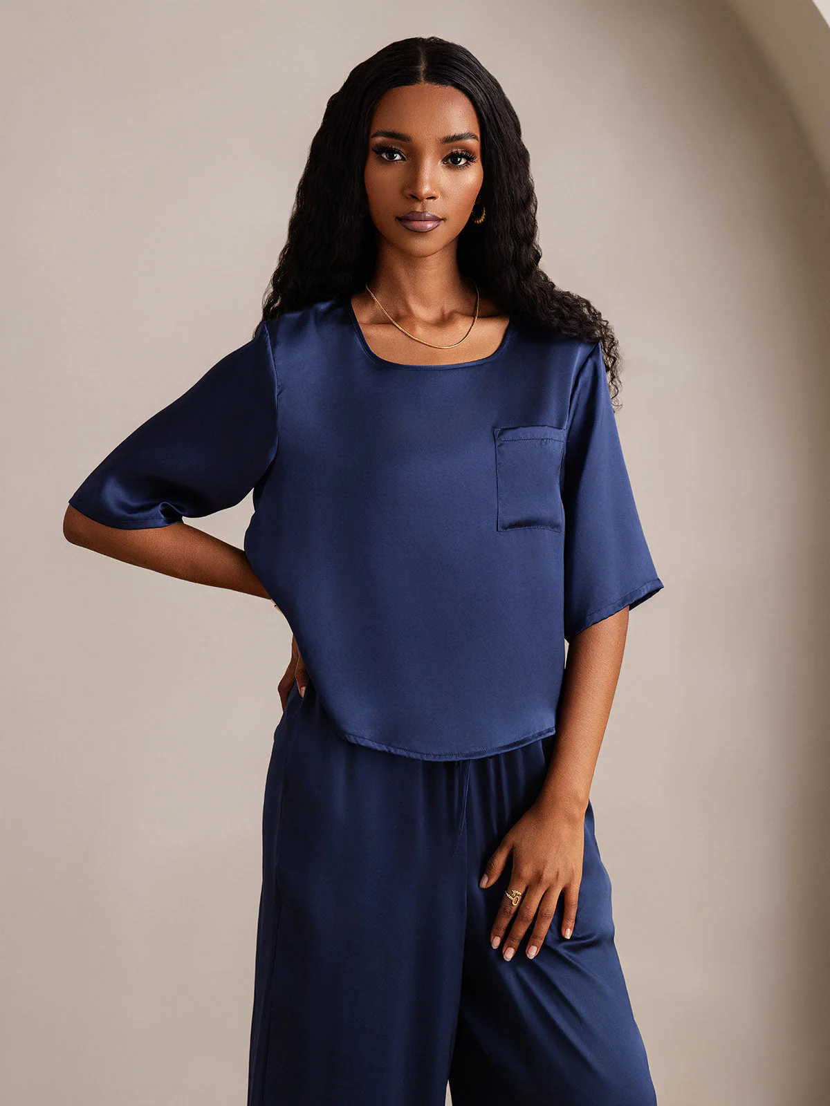 Women's Pure Silk Half Sleeve Round Neck Pajamas Set - Image 33