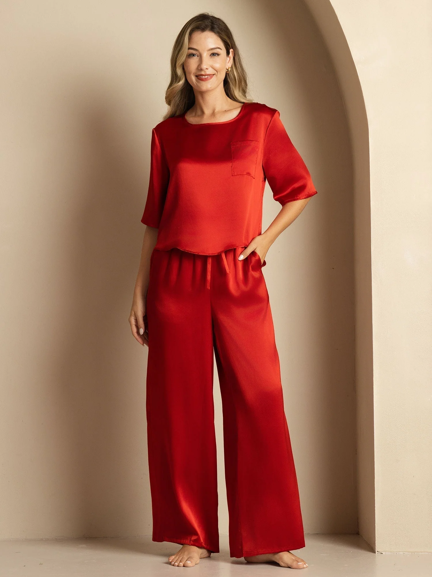 Women's Pure Silk Half Sleeve Round Neck Pajamas Set - Image 47