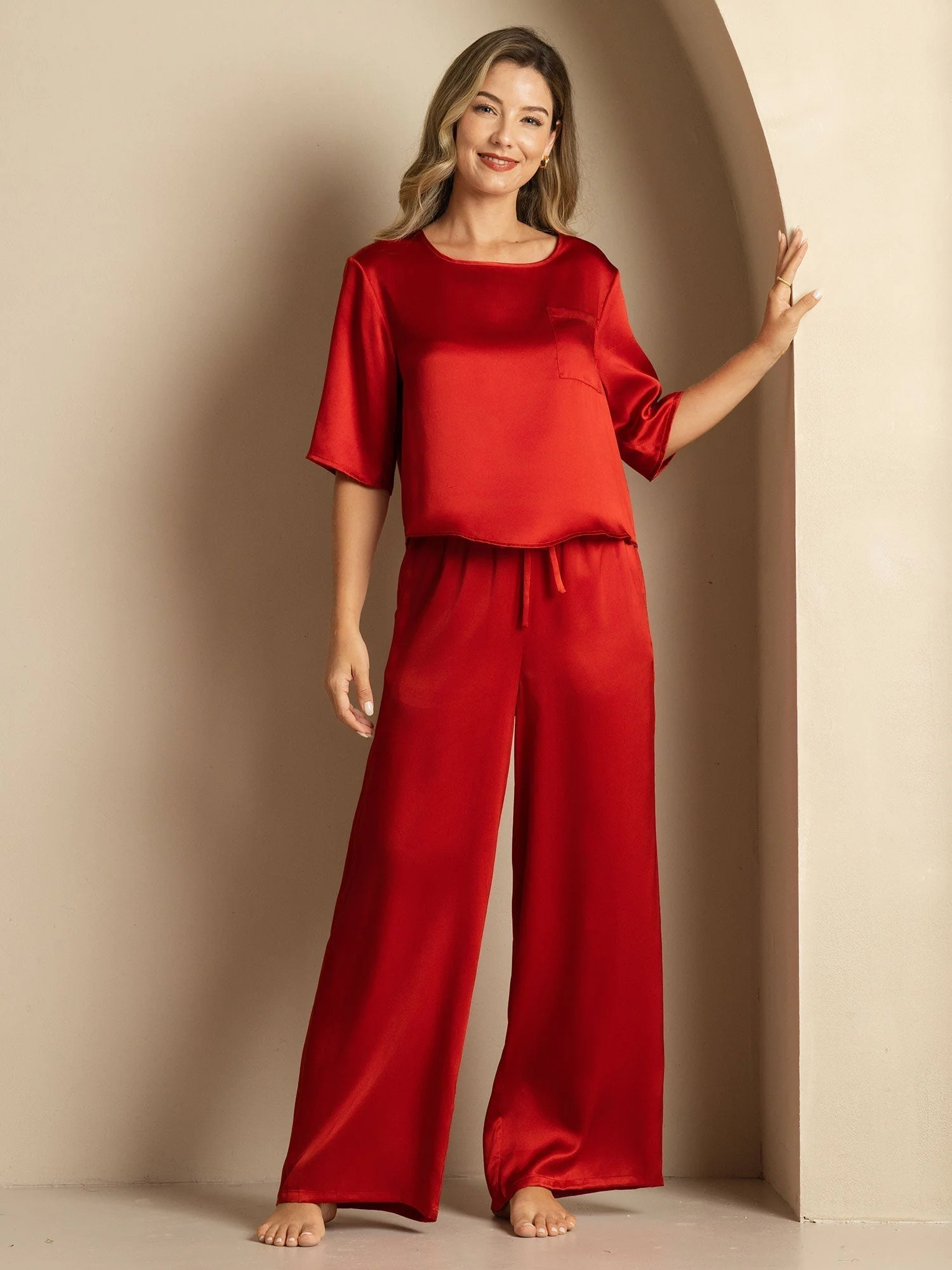 Women's Pure Silk Half Sleeve Round Neck Pajamas Set - Image 49