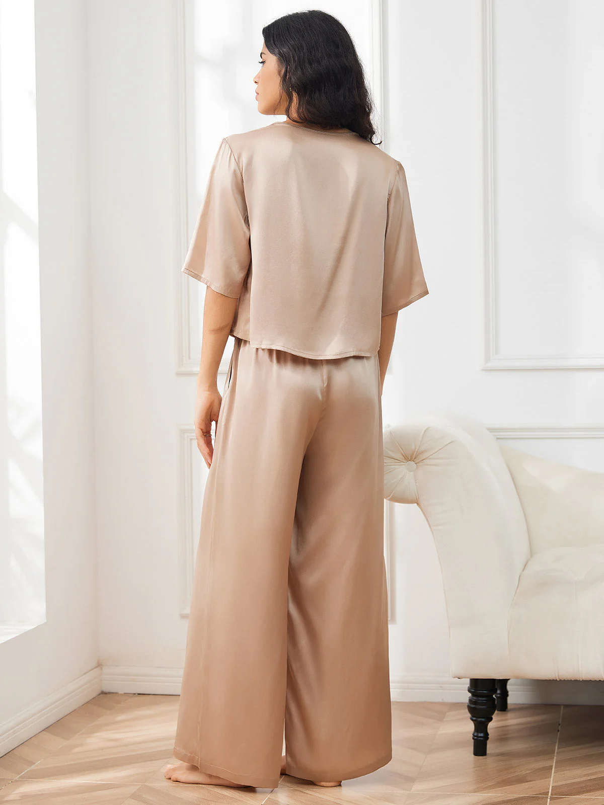 Women's Pure Silk Half Sleeve Round Neck Pajamas Set - Image 5