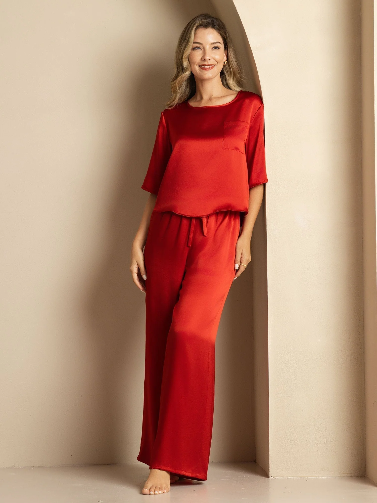 Women's Pure Silk Half Sleeve Round Neck Pajamas Set - Image 50