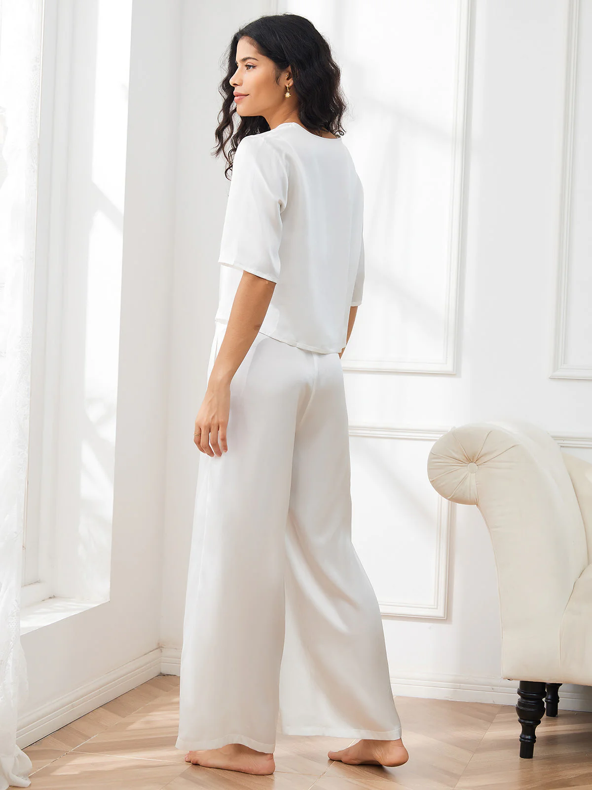 Women's Pure Silk Half Sleeve Round Neck Pajamas Set - Image 53