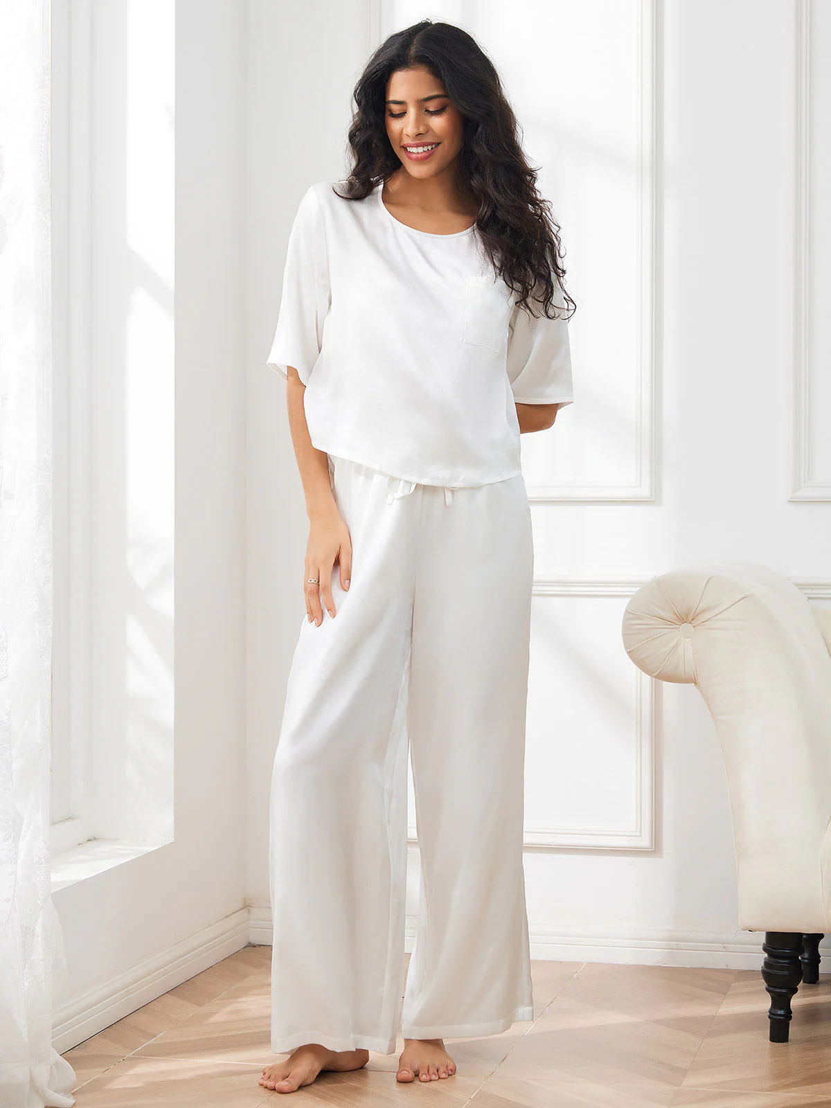 Women's Pure Silk Half Sleeve Round Neck Pajamas Set - Image 54