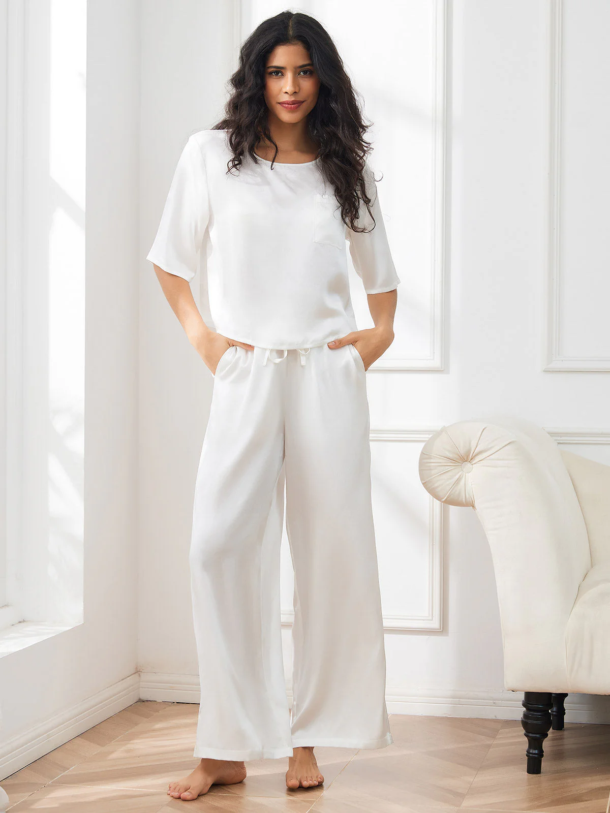 Women's Pure Silk Half Sleeve Round Neck Pajamas Set - Image 55