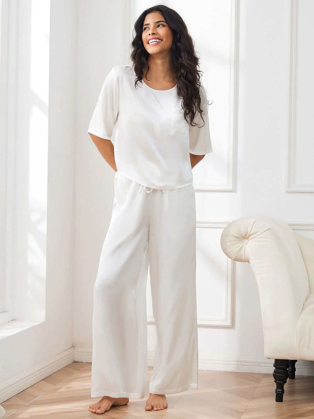 Women's Pure Silk Half Sleeve Round Neck Pajamas Set - Image 56