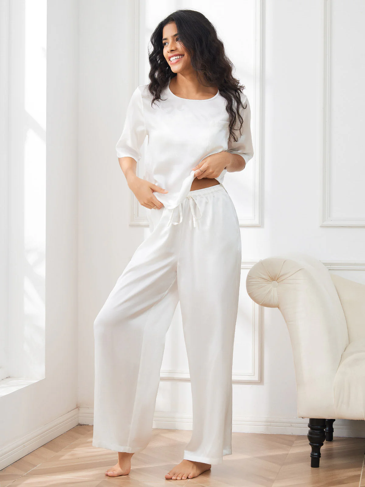 Women's Pure Silk Half Sleeve Round Neck Pajamas Set - Image 57