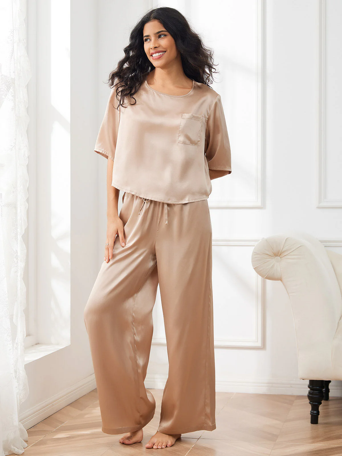 Women's Pure Silk Half Sleeve Round Neck Pajamas Set - Image 6