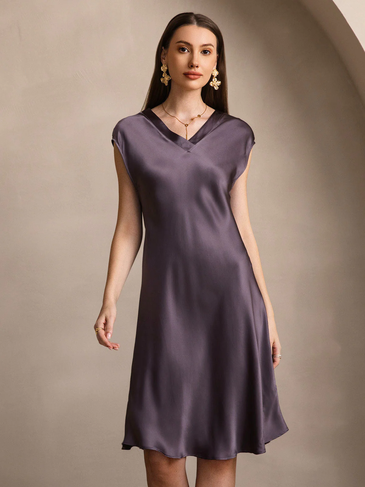 Pure Silk Cap Sleeve V-neck Knee Nightgown - Image 17