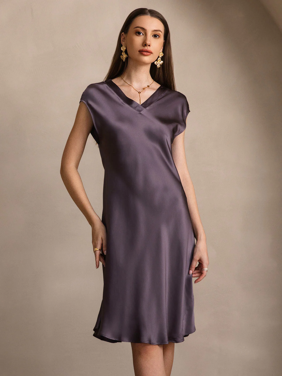 Pure Silk Cap Sleeve V-neck Knee Nightgown - Image 18